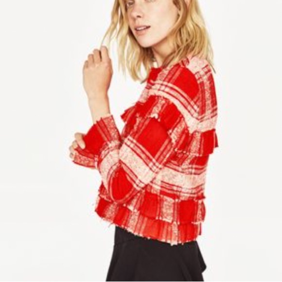 Zara women’s frayed ruffle red and white open front tweed jacket size M - Picture 3 of 8